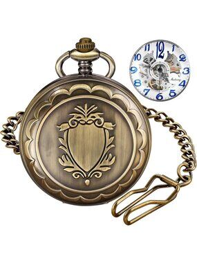 Men's Gold Vintage Style Hollow-Out Round Gear Arabic Mechanical Pocket Watch